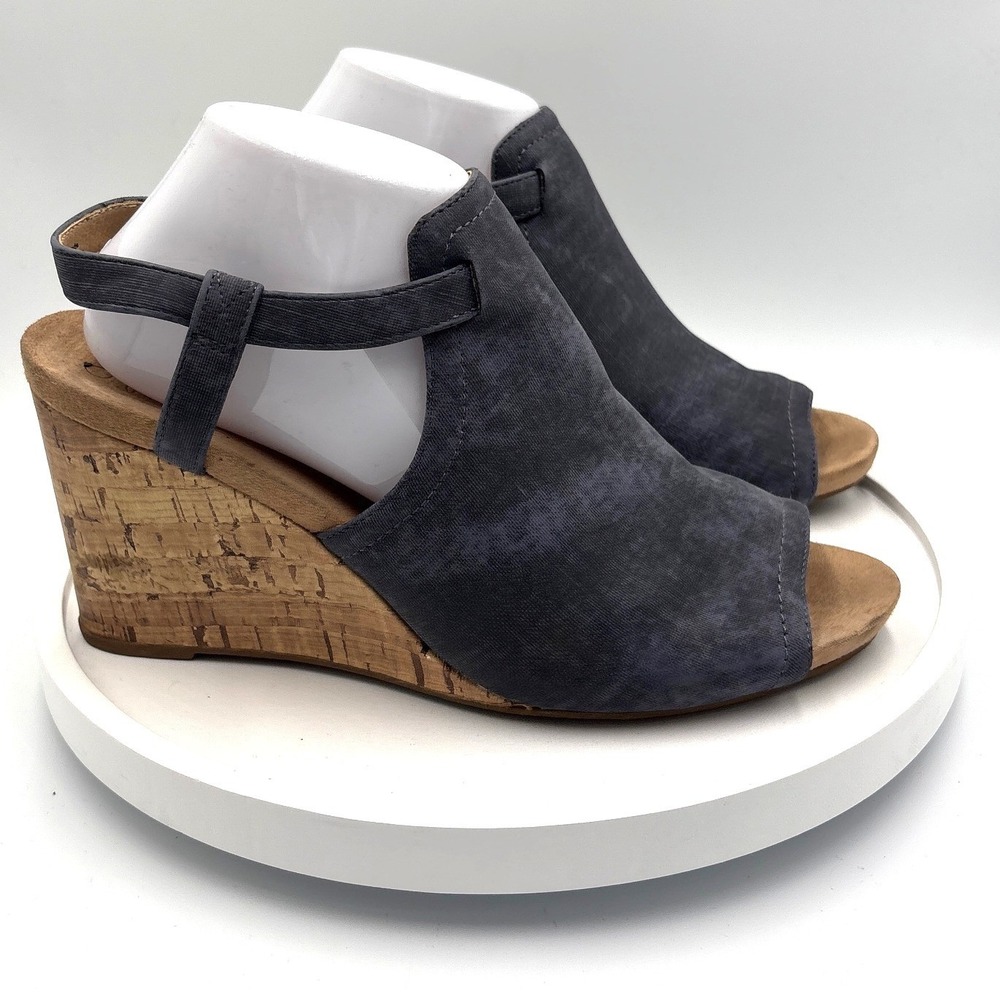 LifeStride Harlow Navy Blue Fabric Cork Wedge Peep Toe Slingback Sandals Womens